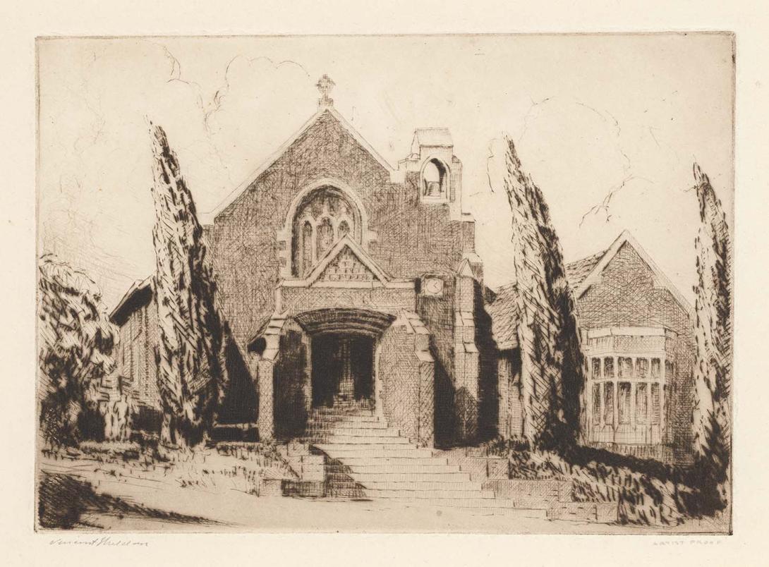 Artwork (Church with three fir trees in foreground) this artwork made of Drypoint on cream wove paper