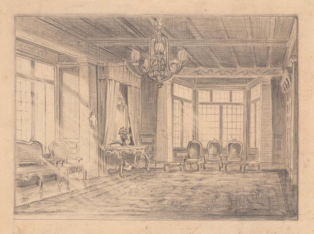 Artwork Preparatory drawing for 'Sitting room, "Wynberg"' this artwork made of Pencil on light brown wove paper, created in 1928-01-01