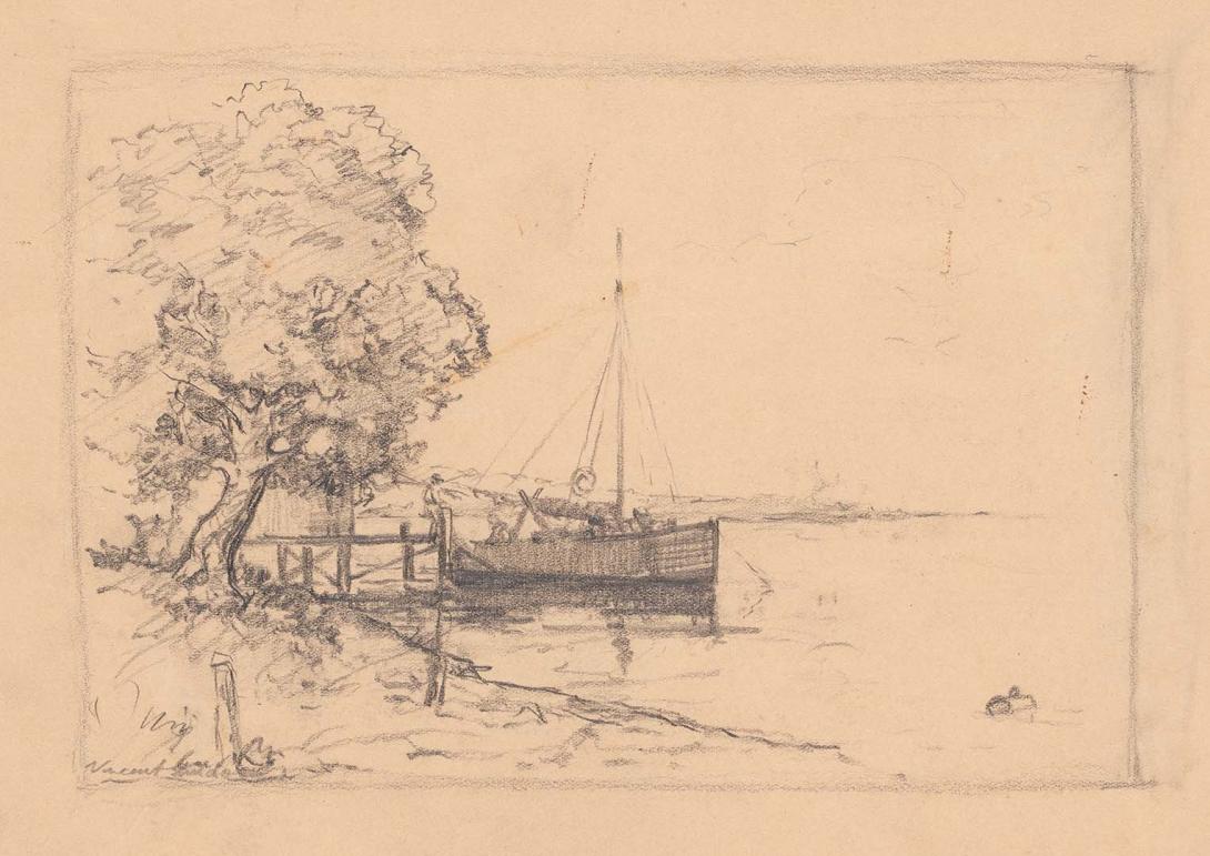 Artwork (Small boat moored at jetty) this artwork made of Pencil on cream-brown wove paper