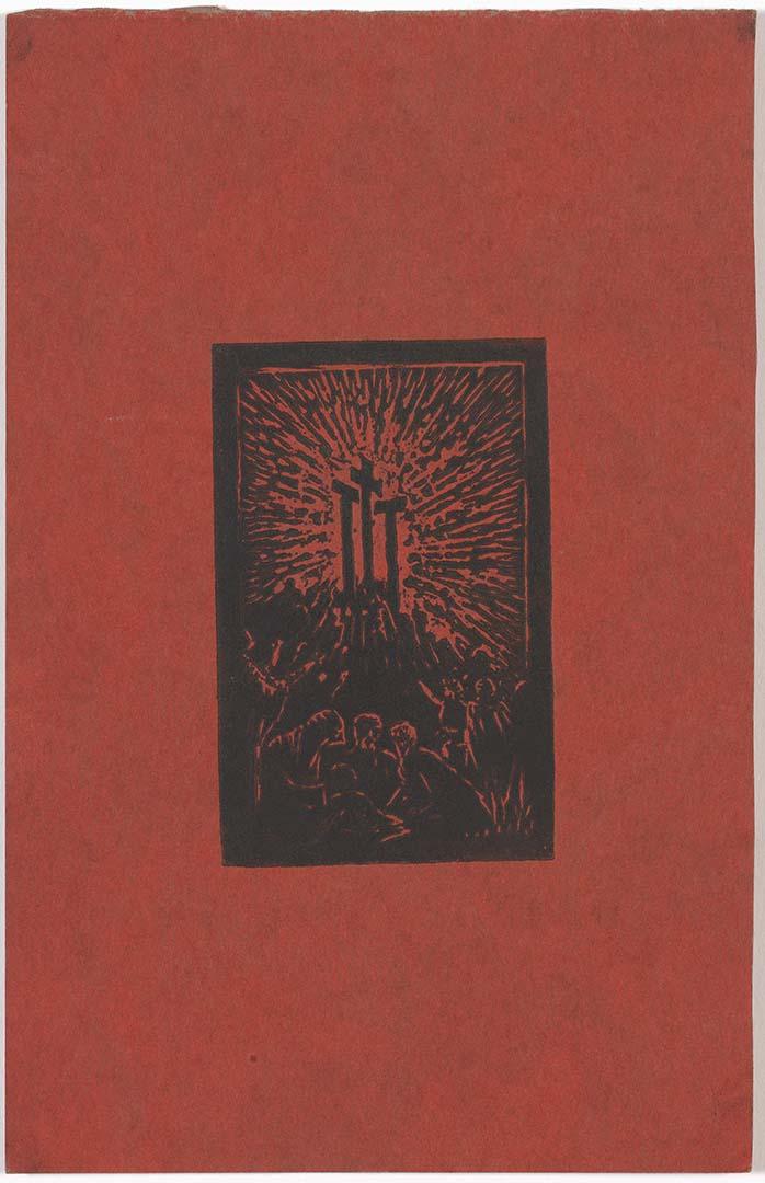 Artwork Calvary this artwork made of Linocut on smooth, red-brown, wove card, created in 1932-01-01