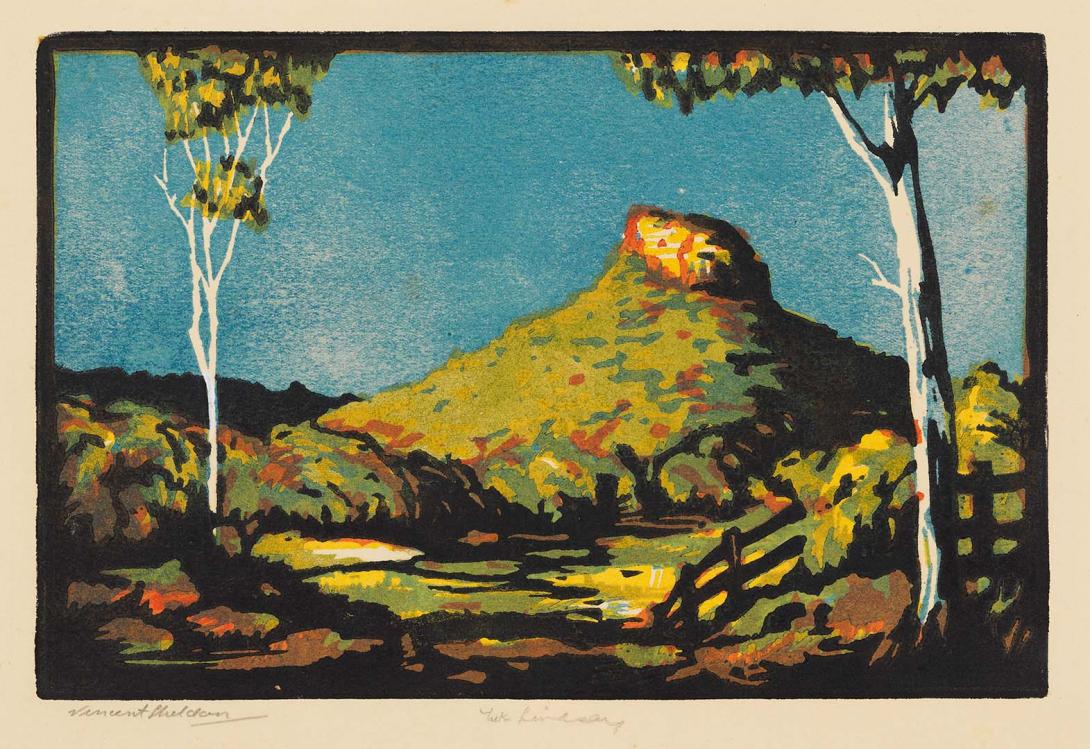 Artwork Mount Lindsay this artwork made of Colour linocut on cream wove paper, created in 1933-01-01