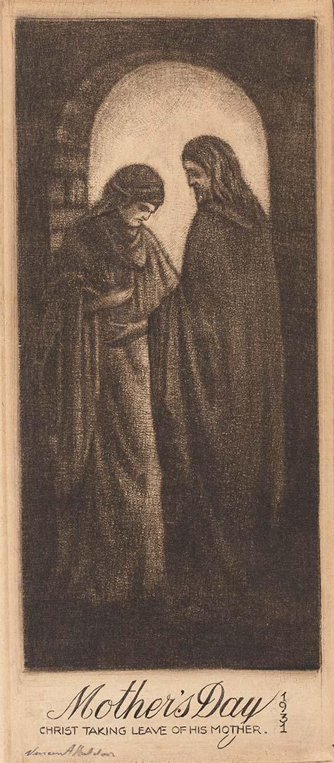 Artwork Christ taking leave of His Mother this artwork made of Mezzotint on cream handmade wove paper, created in 1931-01-01