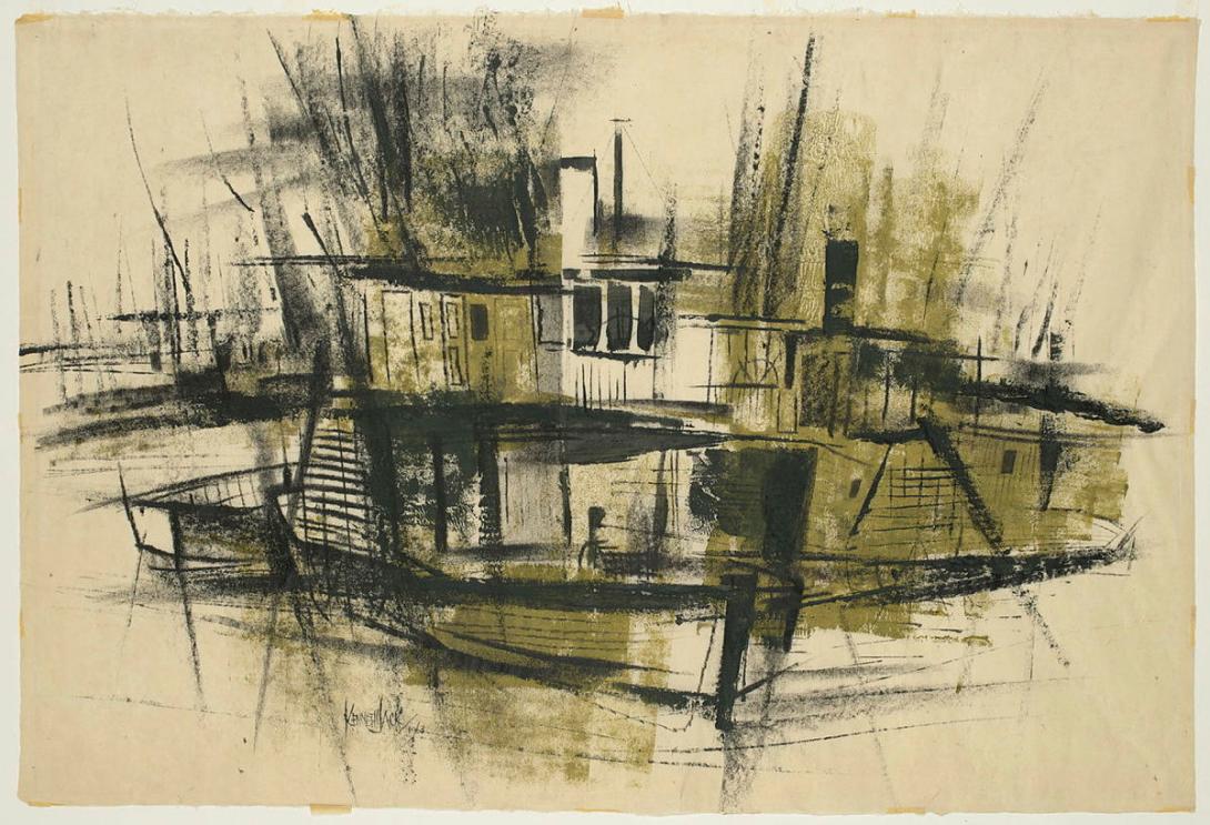 Artwork Murray steamers this artwork made of Lithographic crayon, black and green printing inks on buff wove paper, created in 1963-01-01