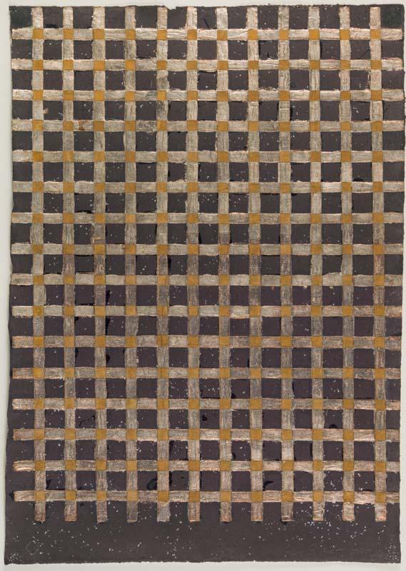 Artwork The William Gibson suite - 6 (Gate) this artwork made of Collaged brown wrapping paper, white gold and gloss on Japanese Kinkami handmade paper, created in 1988-01-01