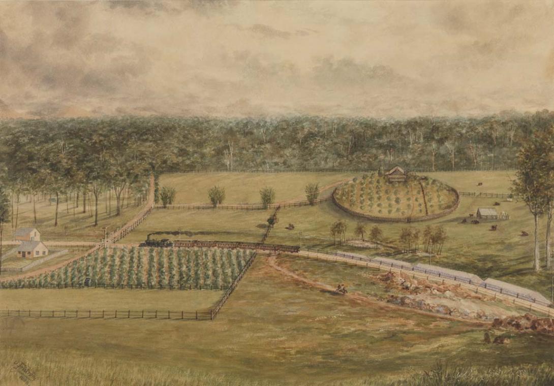 Artwork Kingston Estate, South Coast Line this artwork made of Watercolour on paper, created in 1888-01-01