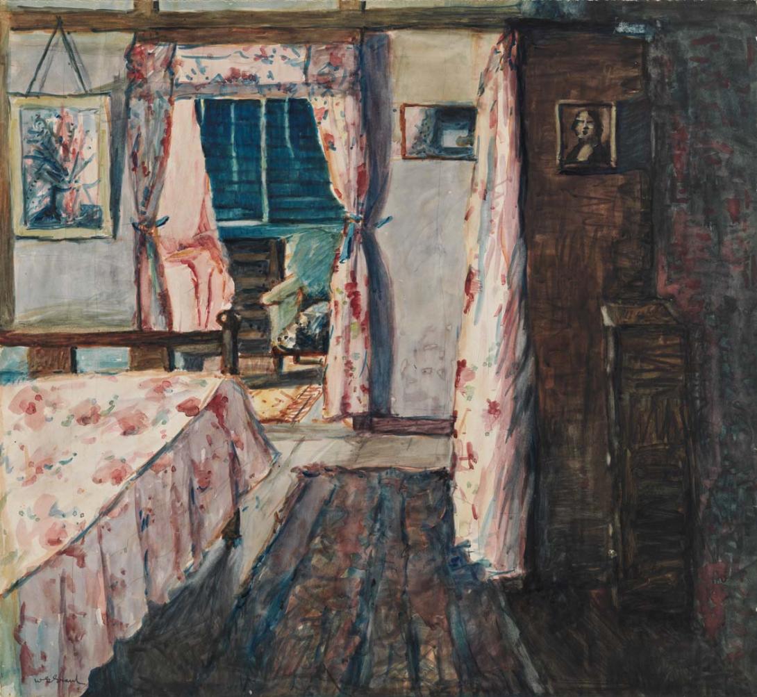 Artwork Interior (Ann Grant's bedroom) this artwork made of Watercolour over pencil on paper, created in 1948-01-01