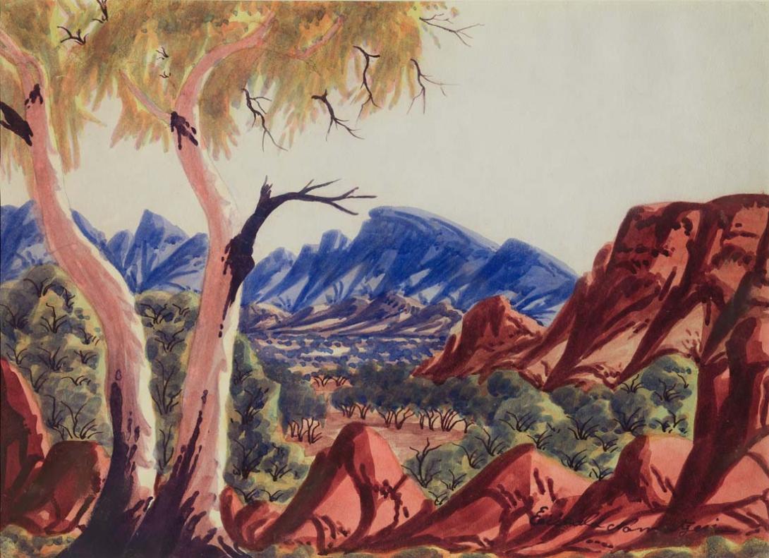 Artwork (Hermannsburg landscape) this artwork made of Watercolour on paper on cardboard, created in 1947-01-01