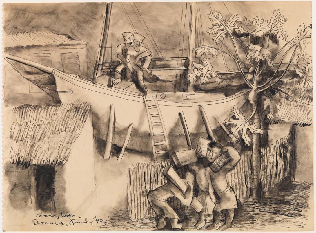 Artwork Malaytown (Cairns) this artwork made of Pen and ink and ink wash over pencil on paper, created in 1940-01-01