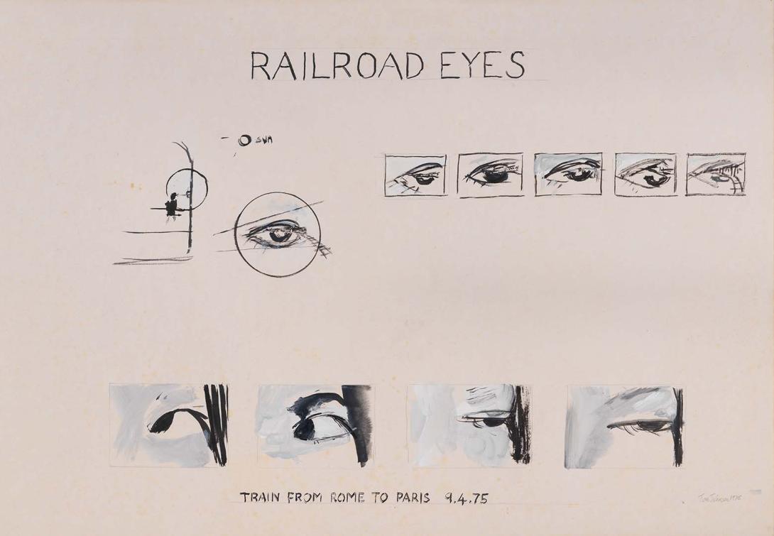 Artwork Railroad eyes this artwork made of Synthetic polymer paint and watercolour with pencil on cartridge paper from a spiral bound notebook (perforated along left edge), created in 1976-01-01
