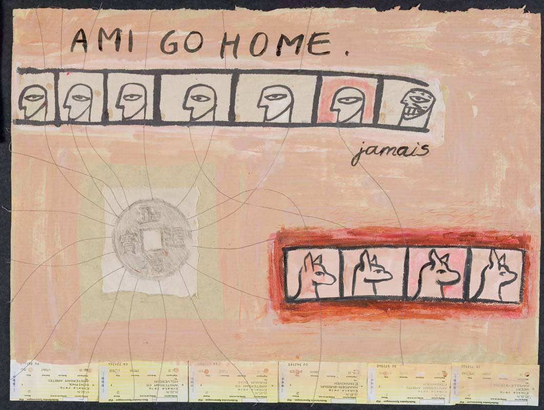 Artwork Ami go home this artwork made of Ink, synthetic polymer paint, pencil and cotton thread