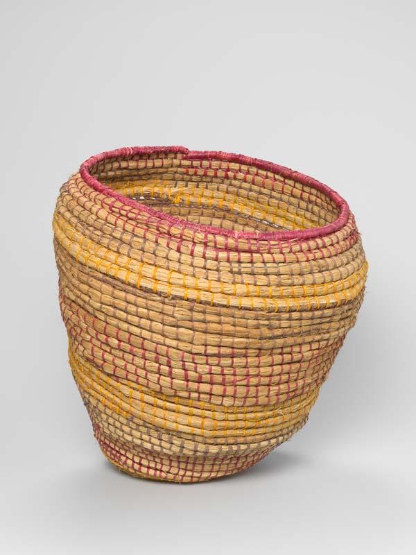 Artwork Basket this artwork made of Coiled kurrajong (Brachychiton diversifolus) and pandanus (Pandanus spiralis) fibre with natural dyes, created in 1997-01-01