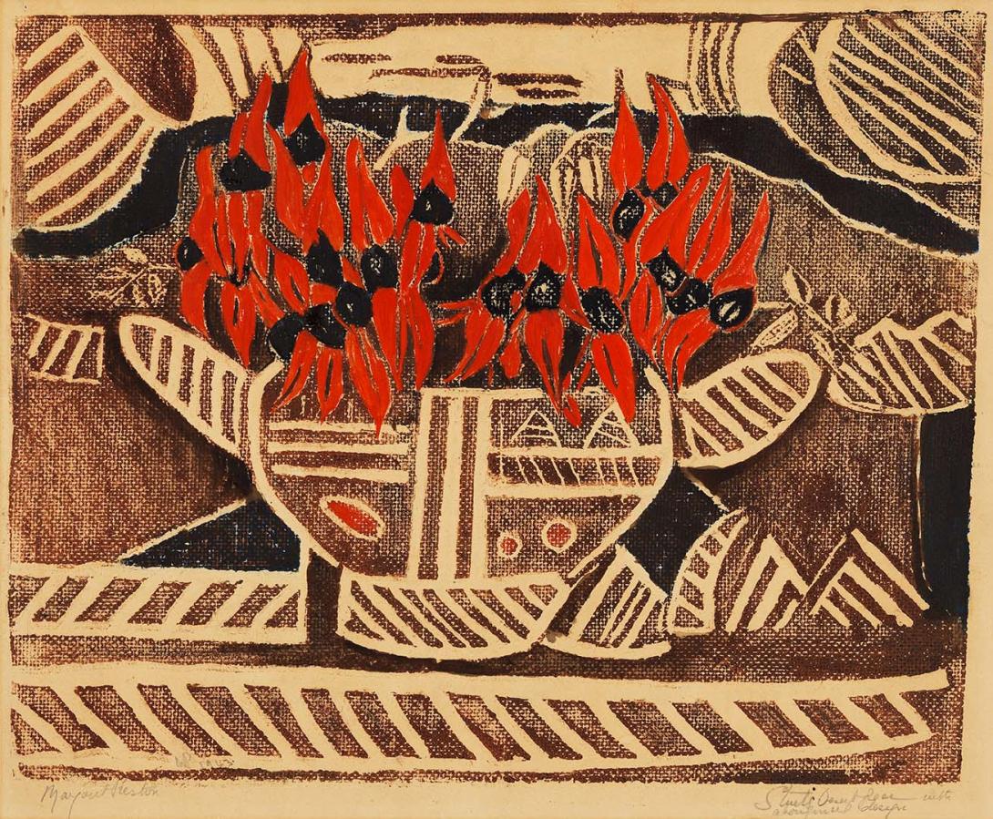 Artwork Aboriginal design, with Sturt's pea this artwork made of Masonite-cut, hand-coloured on paper, created in 1943-01-01