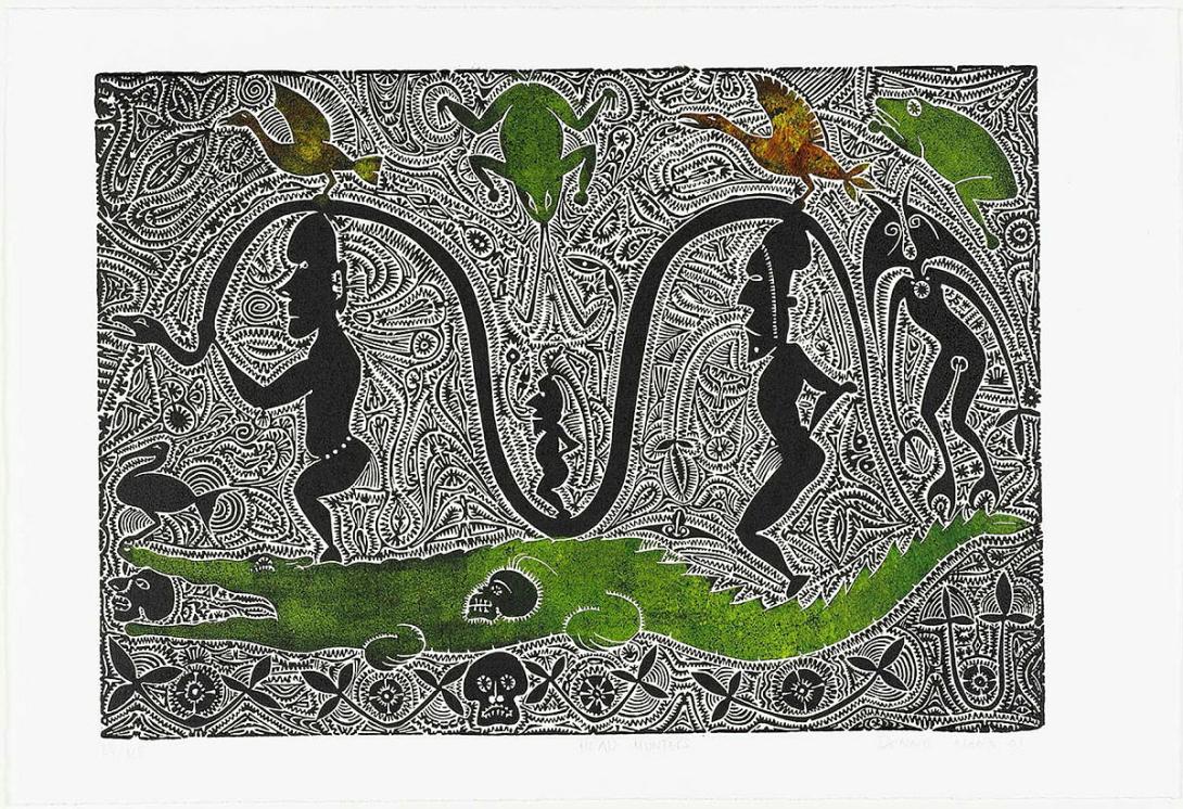 Artwork Kuiku garpathai mabaig (Headhunters of the Torres Strait) this artwork made of Linocut on BFK Rives paper, created in 2001-01-01