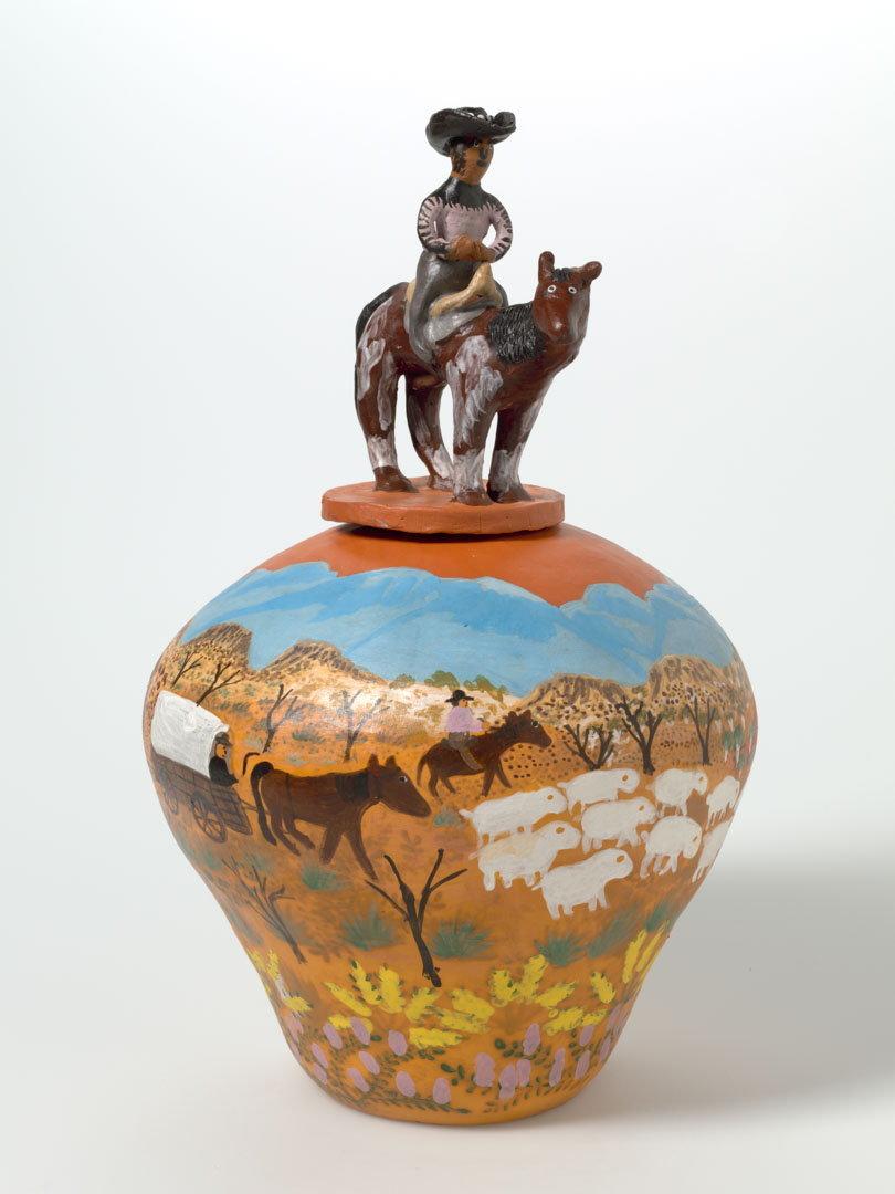 Artwork Pot: Reelpa (Drovers) this artwork made of Earthenware, hand-built terracotta clay with underglaze colours, created in 2002-01-01