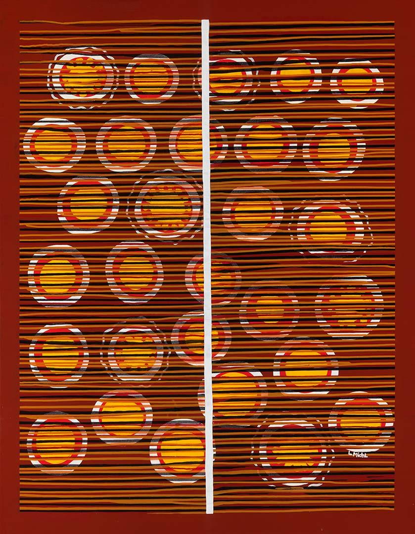 Artwork Nundah (Wild apricot) this artwork made of Synthetic polymer paint on canvas, created in 2002-01-01