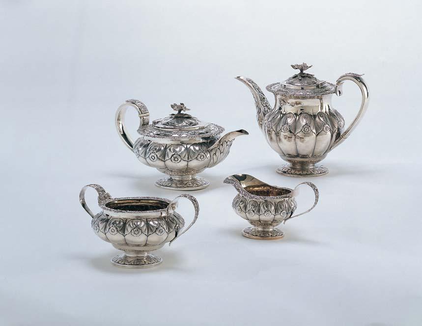 Artwork Coffee and tea service this artwork made of Sterling silver, with repousse, cast and foliate decoration, with gilt interiors and bone insert, created in 1825-01-01