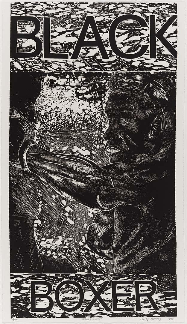 Artwork Black boxer (from 'My grandfather' series) this artwork made of Linocut on BFK Rives paper, created in 1994-01-01