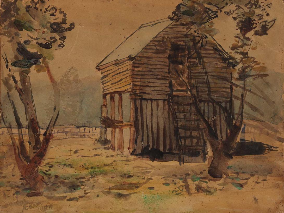 Artwork (Barn in a paddock) this artwork made of Watercolour on paper, created in 1877-01-01
