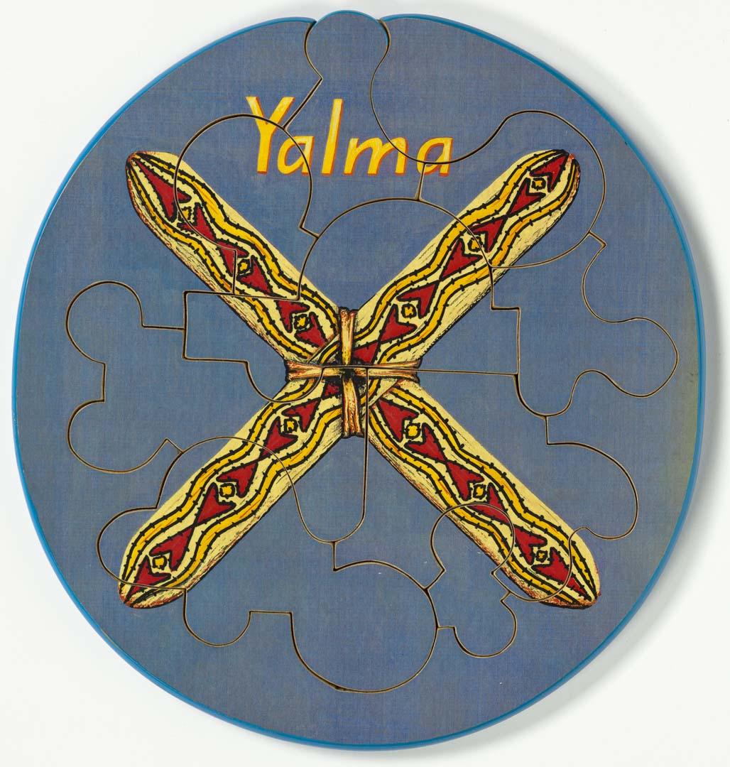 Artwork Yalma (Cross boomerang) this artwork made of Colour laser copy, varnish and paint on composition board, created in 1991-01-01