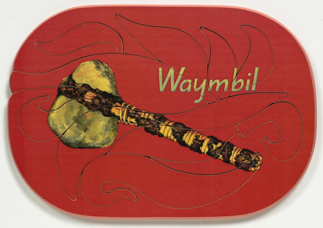 Artwork Waymbil (Stone axe) this artwork made of Colour laser copy, varnish and paint on composition board, created in 1991-01-01