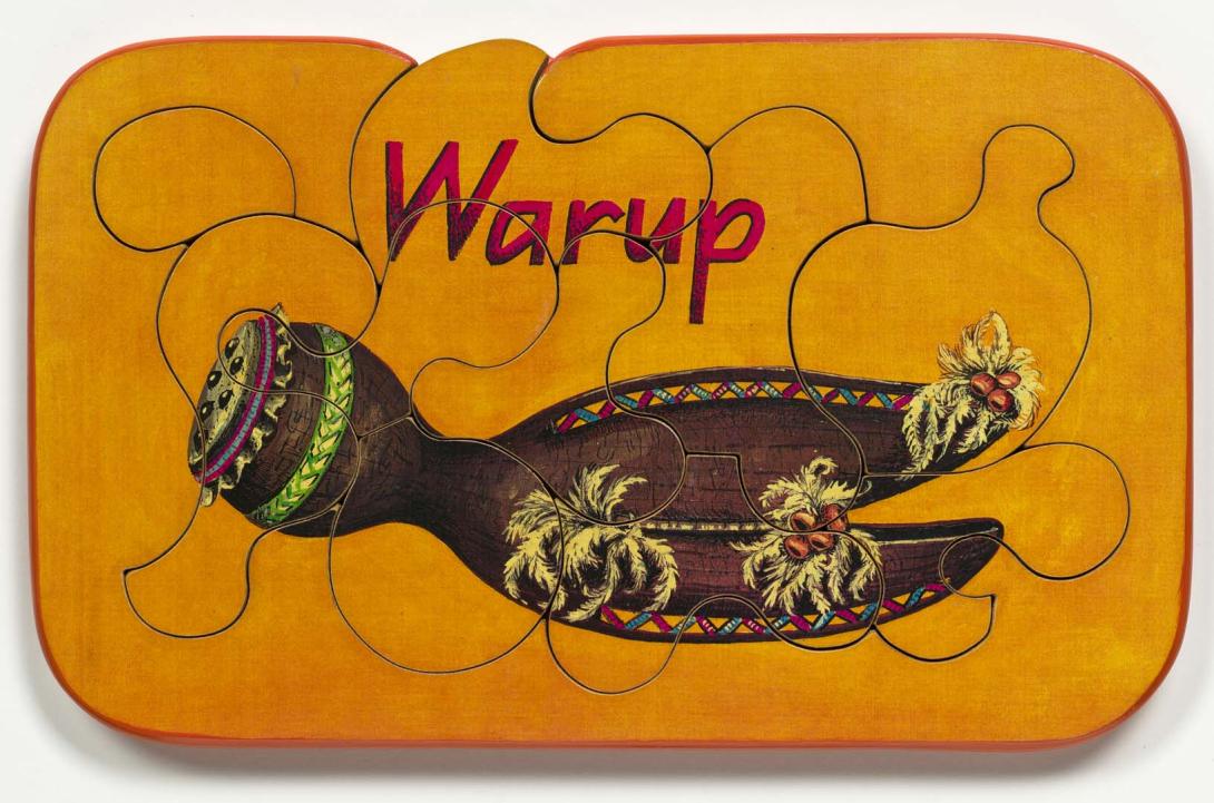 Artwork Warup (Drum) this artwork made of Colour laser copy, varnish and paint on composition board, created in 1991-01-01