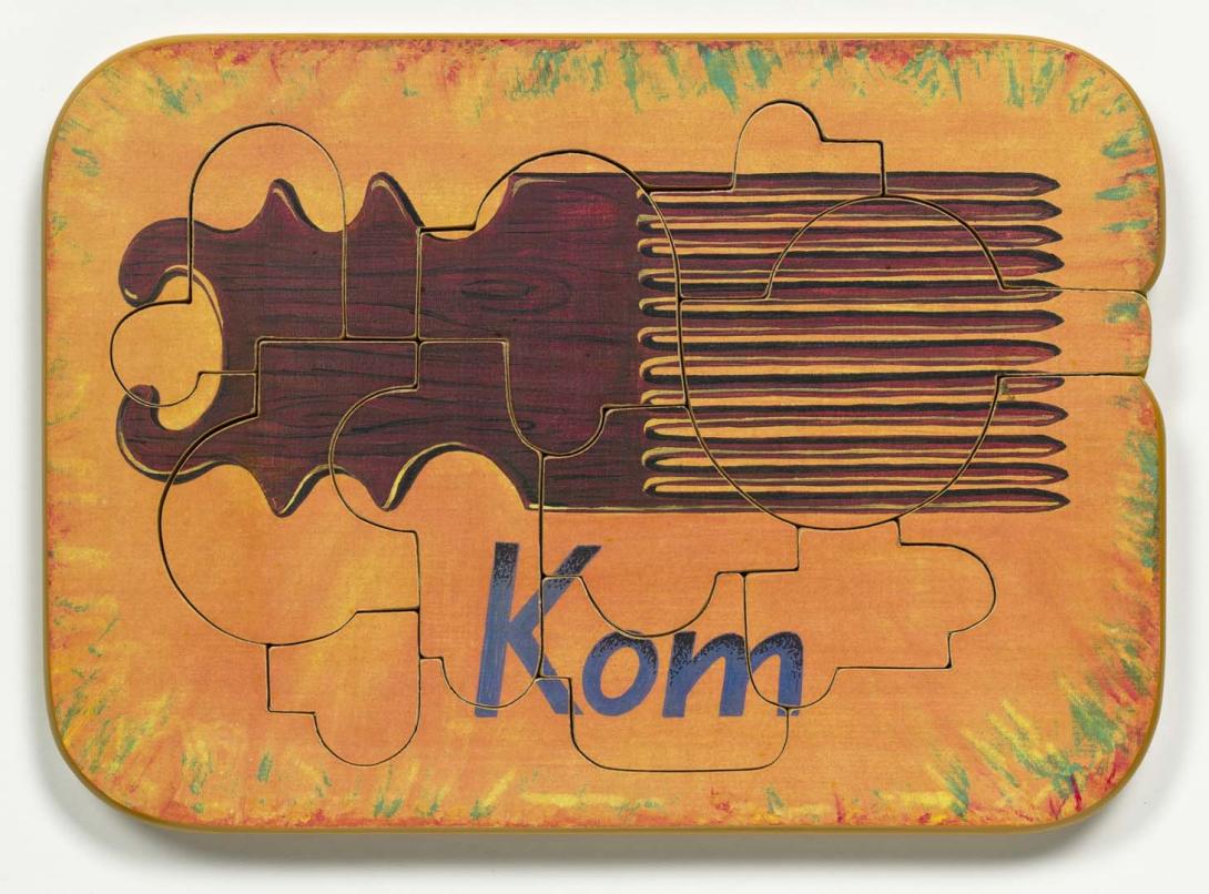 Artwork Kom (Comb) this artwork made of Colour laser copy, varnish and paint on composition board, created in 1991-01-01