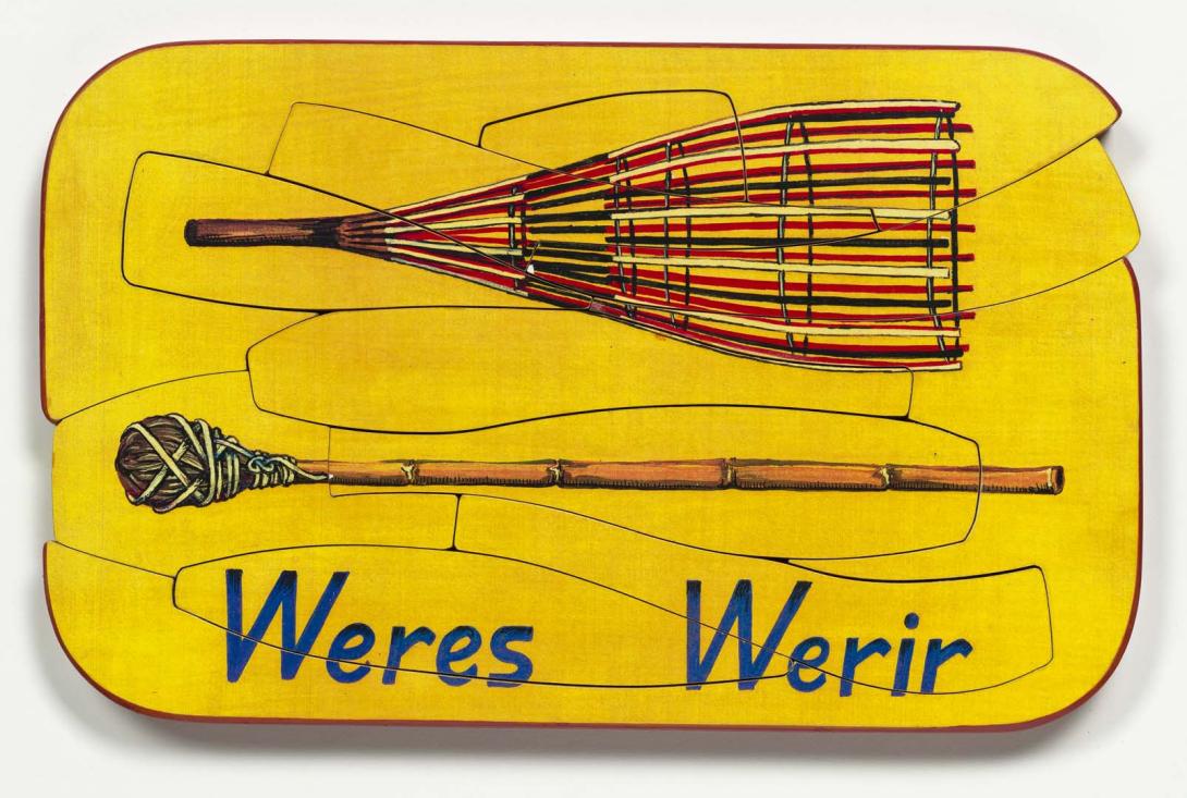 Artwork Weres werir (Sardine scoop and beater) this artwork made of Colour laser copy, varnish and paint on composition board, created in 1991-01-01
