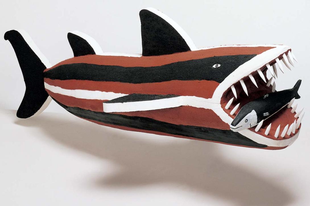 Artwork Freshwater shark with mullet in mouth this artwork made of Carved milkwood with synthetic polymer paint and natural pigments, created in 2004-01-01