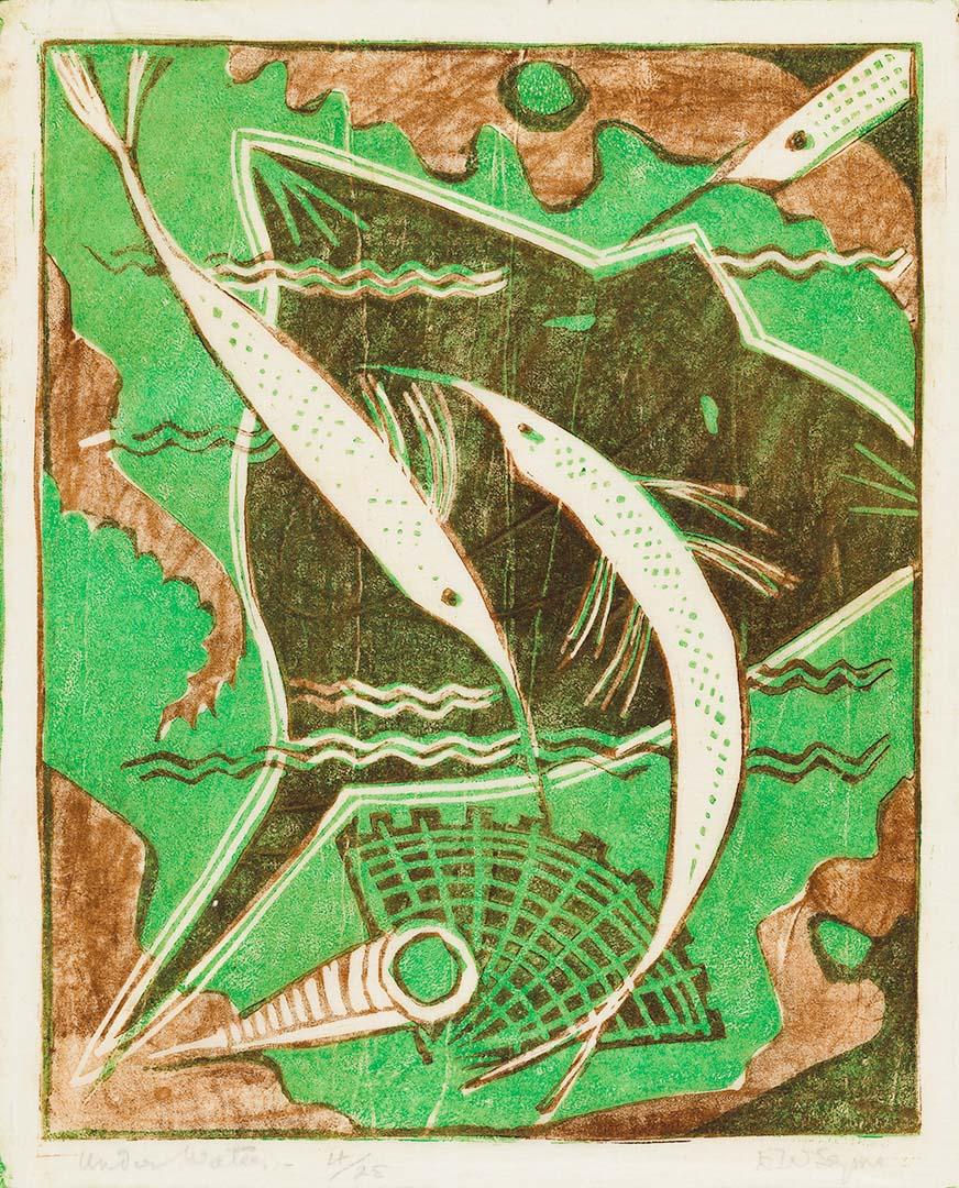 Artwork Under water this artwork made of Linocut, printed in colour from two blocks in emerald green and brown on buff oriental laid tissue, created in 1956-01-01