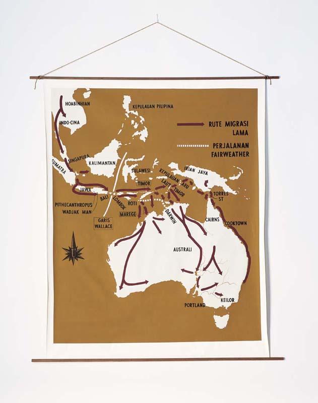 Artwork Rute migrasi lama (from 'Argonauts of the Timor Sea') this artwork made of Synthetic polymer paint on canvas with maple rods and string, created in 2004-01-01