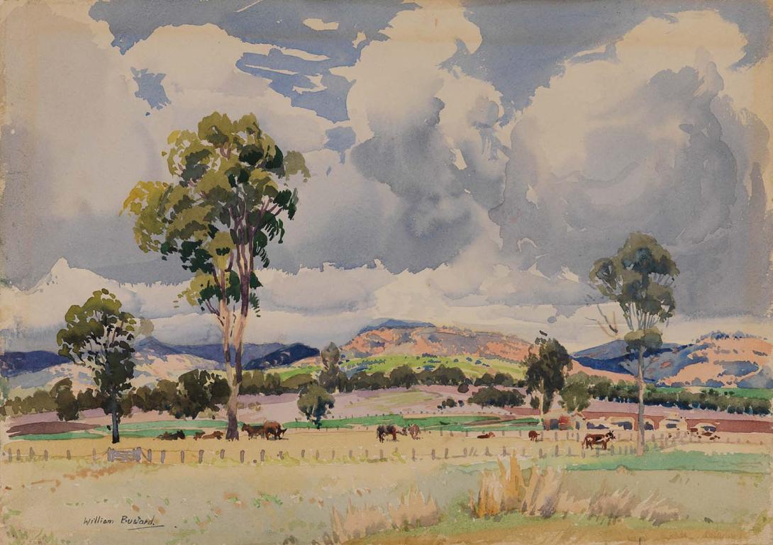 Artwork (Darling Downs landscape) this artwork made of Watercolour over pencil on paper, created in 1930-01-01