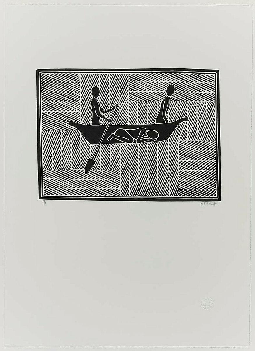 Artwork Guwulurru (The canoe in which the Djang'kawu set out on their journey) (no. 3 from 'Yalangbara' suite) this artwork made of Linocut on Magnani Pescia 300gsm paper, created in 2000-01-01