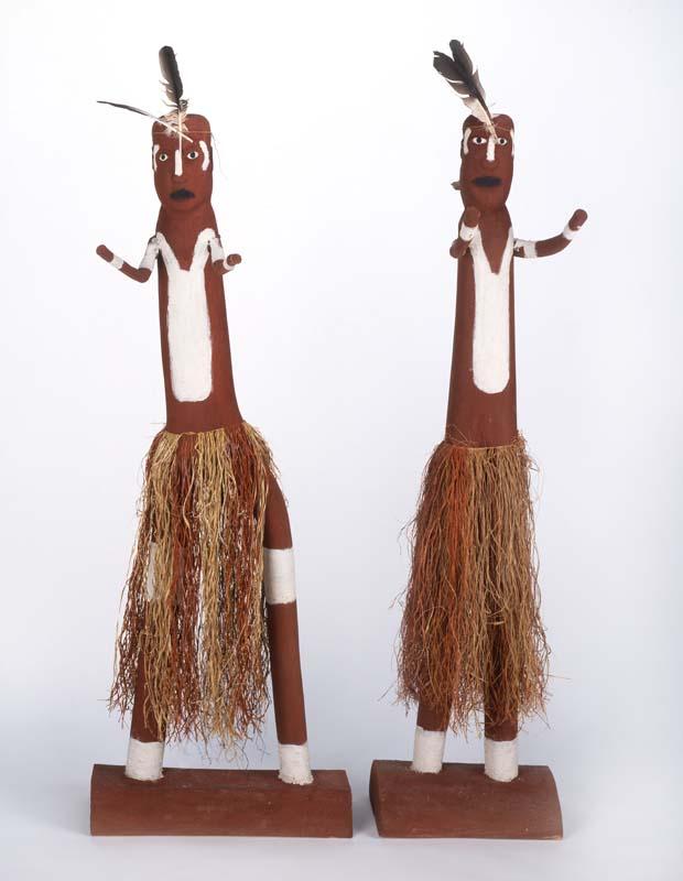 Artwork Kang'khan brothers this artwork made of Carved milkwood (Alstonia muellerana) with synthetic polymer paint, natural pigments, fibre, feathers and cotton thread, created in 2004-01-01