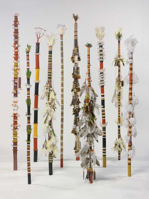 Artwork Banumbirr (Morning Star pole) this artwork made of Wood, feathers, bark fibre string, native beeswax with synthetic polymer paint, created in 2003-01-01