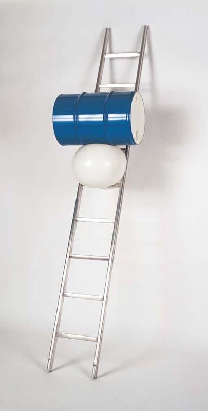 Artwork Ladder with barrel this artwork made of Metal ladder, barrel, balloon, created in 2001-01-01