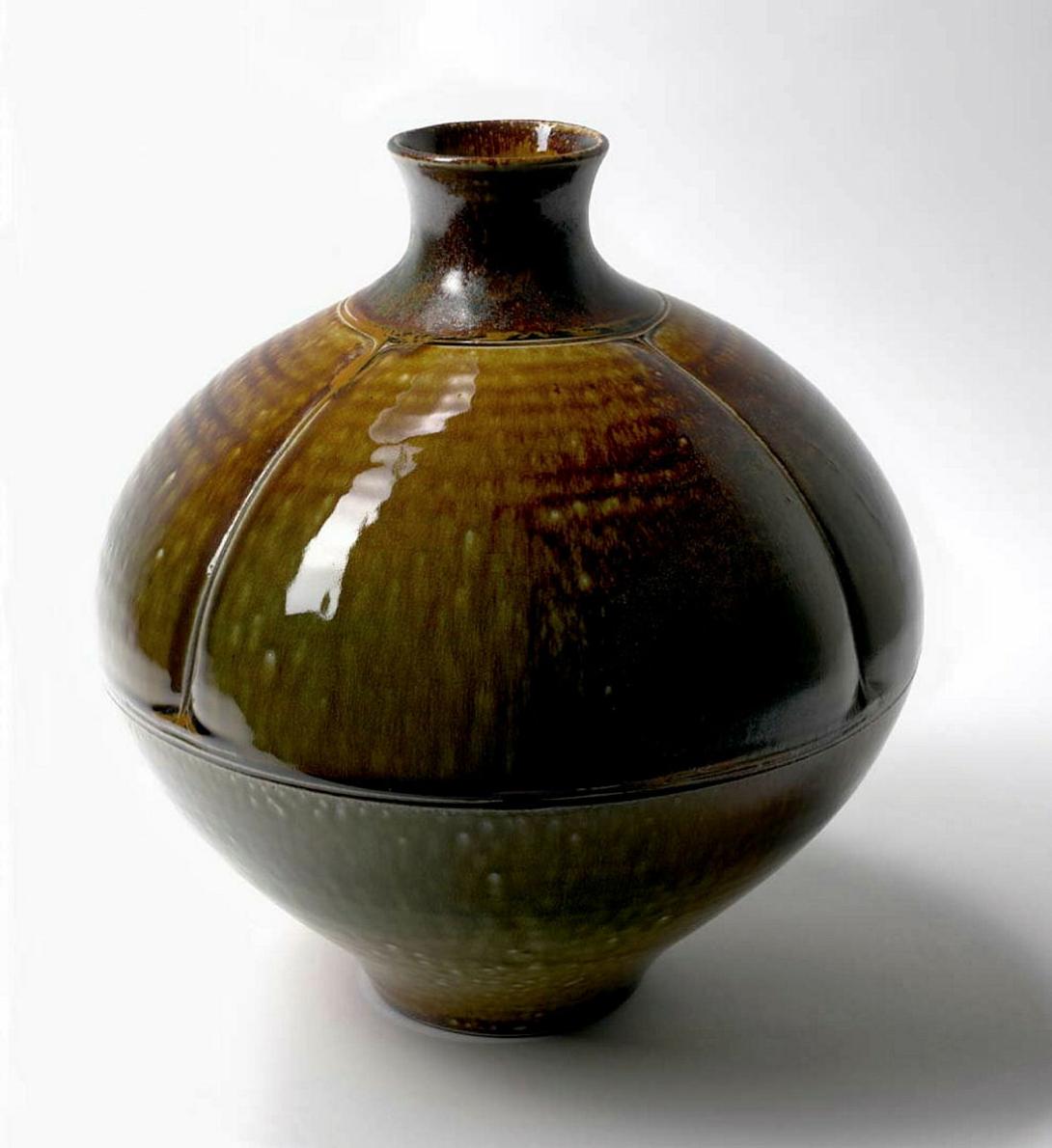 Artwork Vase this artwork made of Stoneware, wheelthrown with incised lines dividing top section into four segments, salt glaze, created in 1980-01-01