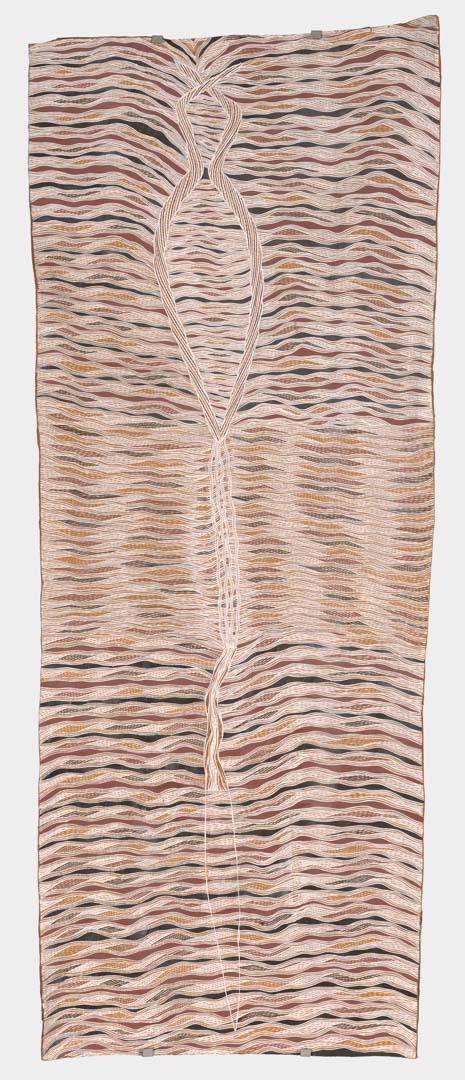 Artwork Mundukul (Lightning serpent) this artwork made of Natural pigments on bark, created in 2005-01-01