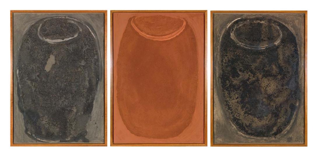 Artwork Trio this artwork made of a: Charcoal, pigment and glue on paper;  b: Earth, pigment and glue on paper; c: Ashes, pigment and glue on paper, created in 1991-01-01
