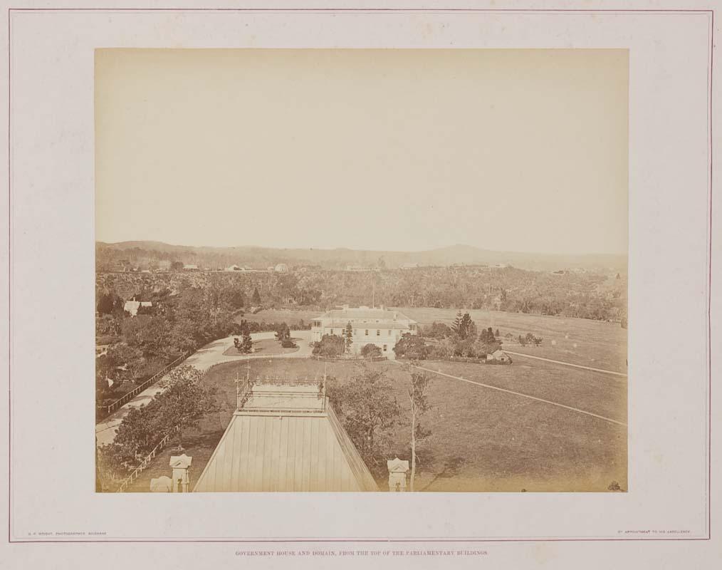 Artwork Government House and domain, from the top of the parliamentary buildings (from 'Brisbane illustrated' portfolio) this artwork made of Albumen photograph on paper mounted on card, created in 1874-01-01
