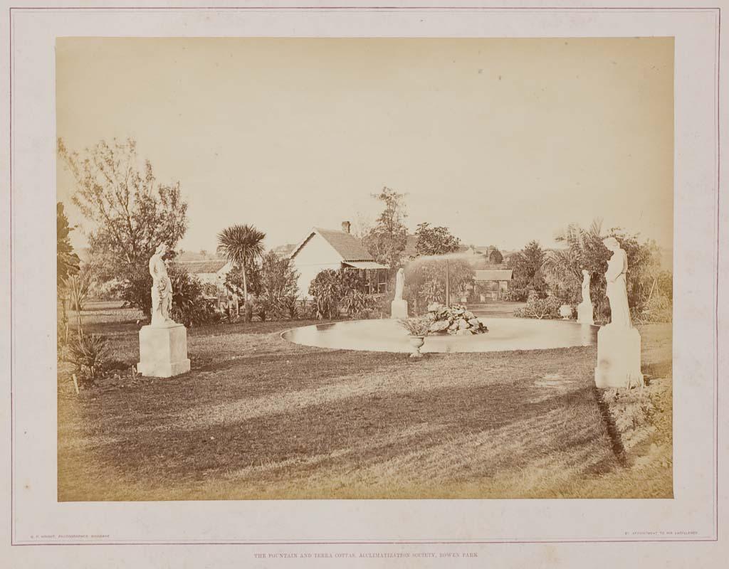 Artwork The fountain and terra cottas, Acclimatization Society, Bowen Park (from 'Brisbane illustrated' portfolio) this artwork made of Albumen photograph on paper mounted on card, created in 1874-01-01