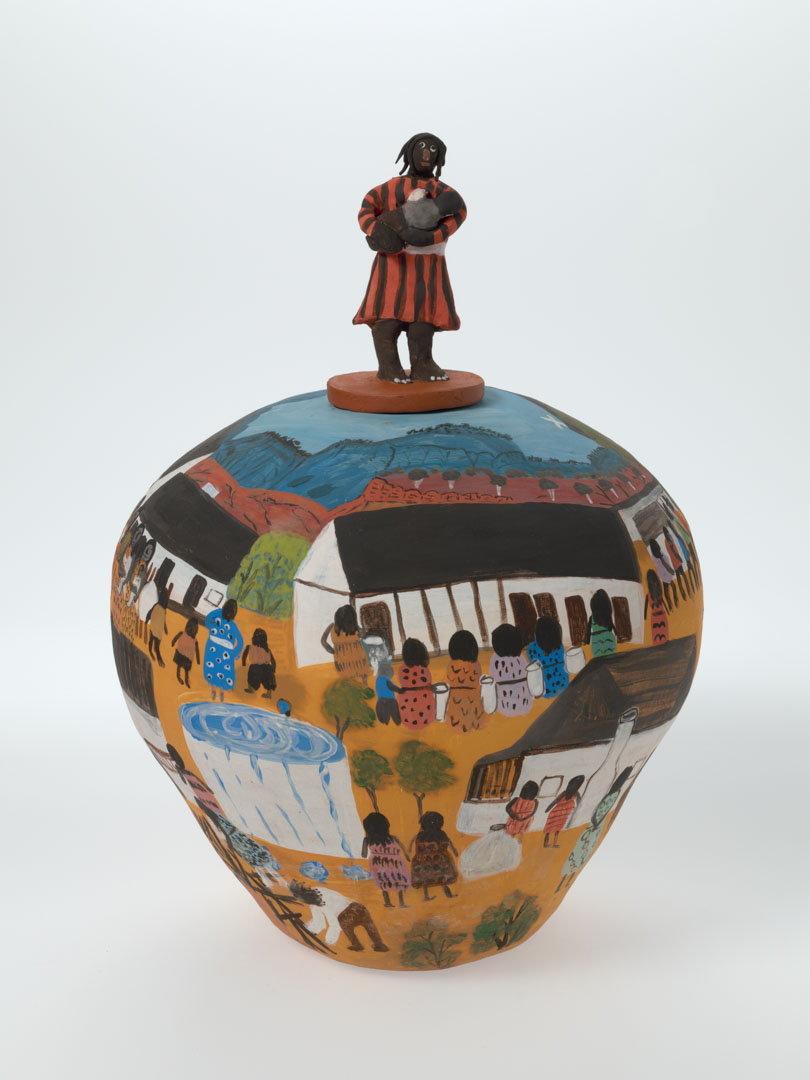 Artwork Pot: Mission days this artwork made of Earthenware, hand-built terracotta clay with underglaze colours and applied decoration, created in 2005-01-01