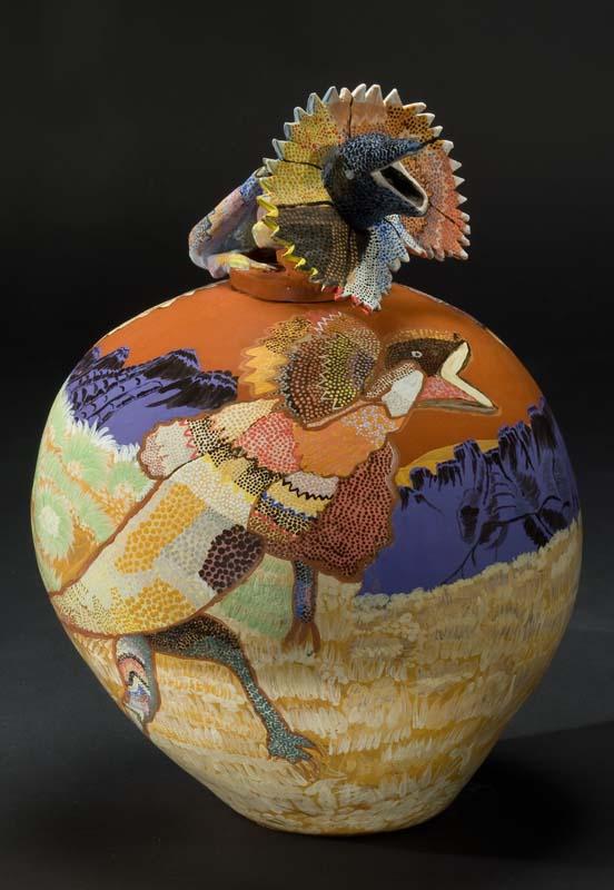Artwork Ankarta (Frill-necked lizard) this artwork made of Earthenware, hand-built terracotta clay with underglaze colours and applied decoration, created in 2005-01-01