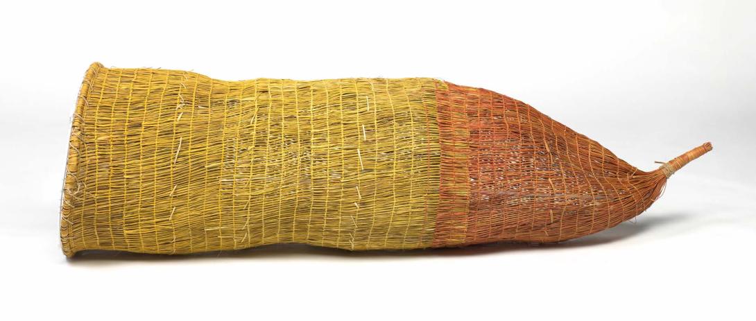 Artwork Jina-bakara (fish trap) this artwork made of Twined pandanus palm leaf, bark fibre string, wood, created in 2005-01-01