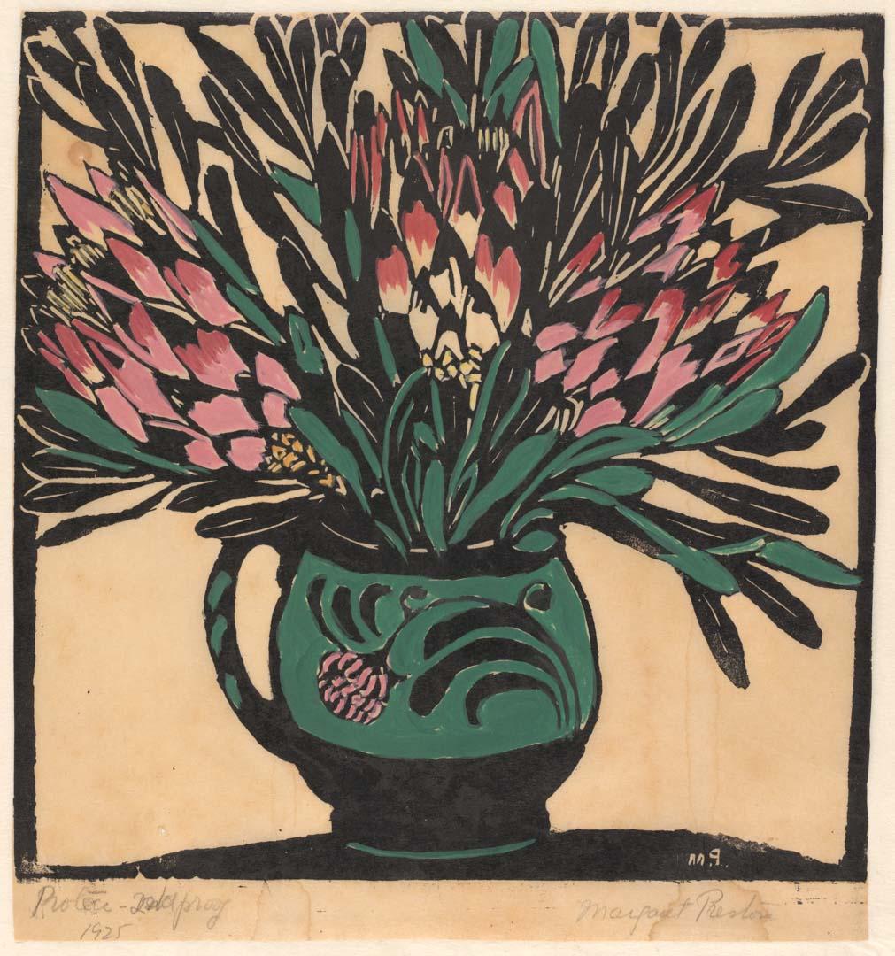 Artwork Protea this artwork made of Woodcut, hand-coloured on paper, created in 1925-01-01