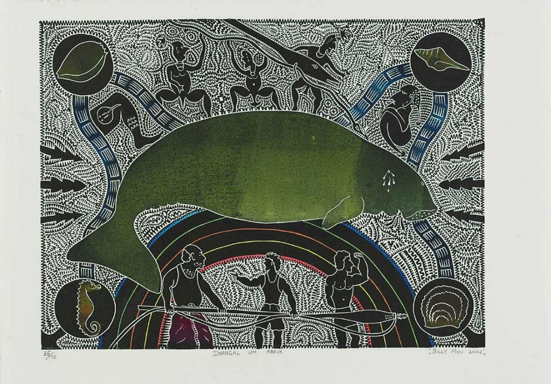 Artwork Dhangal um ariak this artwork made of Screenprint, hand-coloured on paper, created in 2000-01-01