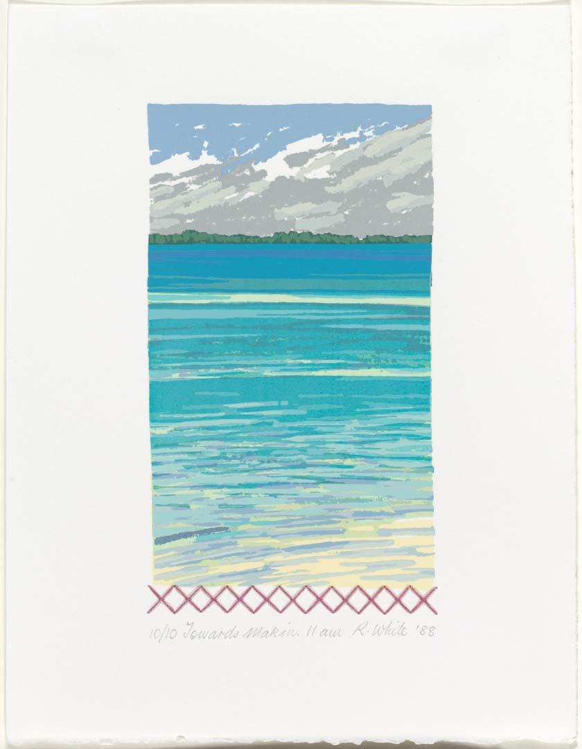 Artwork Tarawa towards Makin: 11am (from 'Saying goodbye to Florence' series) this artwork made of Screenprint with hand-embroidery on paper, created in 1988-01-01