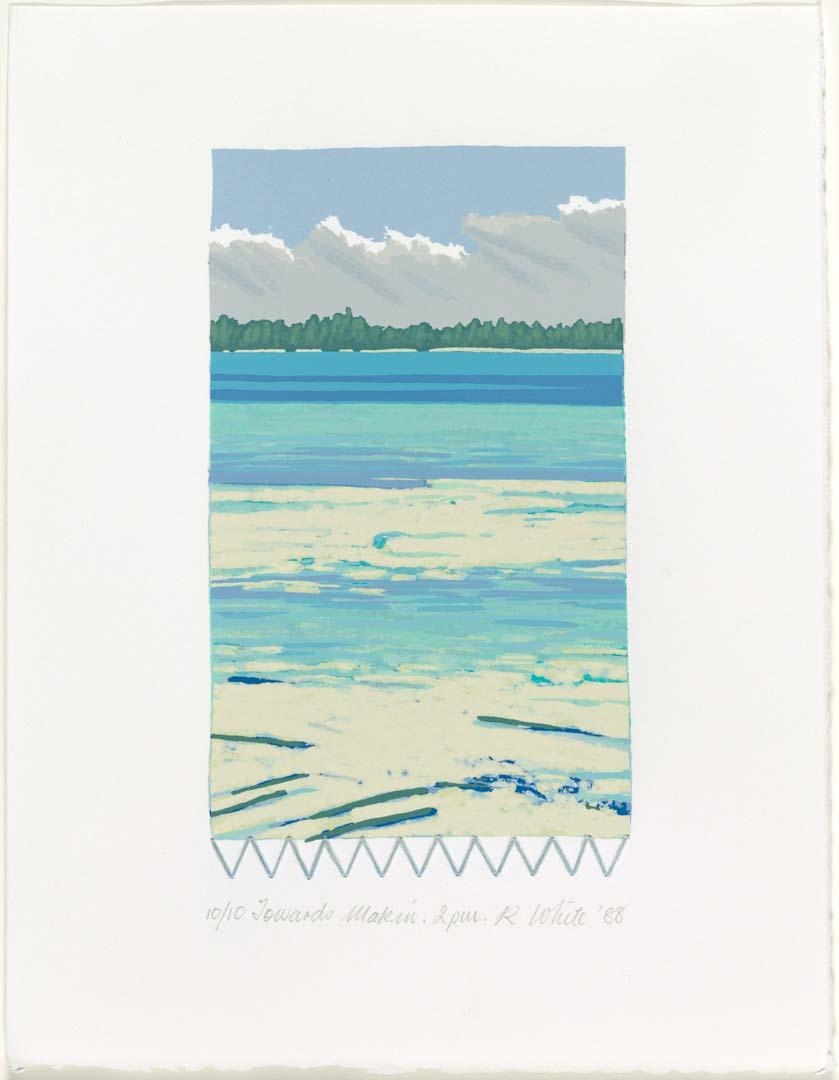 Artwork Tarawa towards Makin: 2pm (from 'Saying goodbye to Florence' series) this artwork made of Screenprint with hand-embroidery on paper, created in 1988-01-01