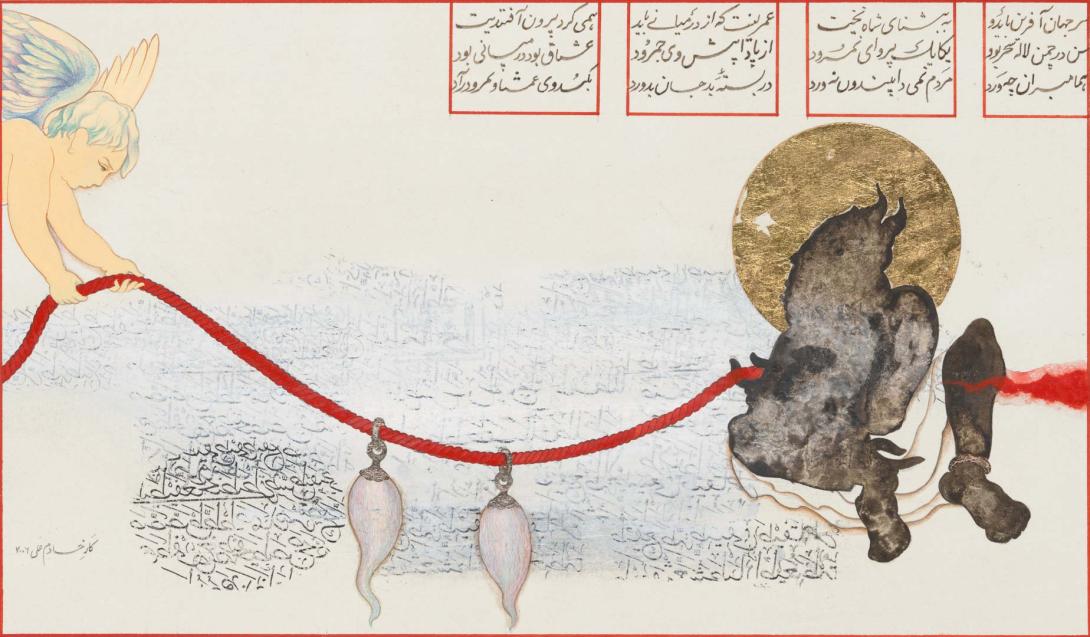 Artwork Untitled (from 'Rustam-e-pardar (Rustam with wings)' series) this artwork made of Watercolour, ink, gold and silver leaf on wasli paper, created in 2006-01-01