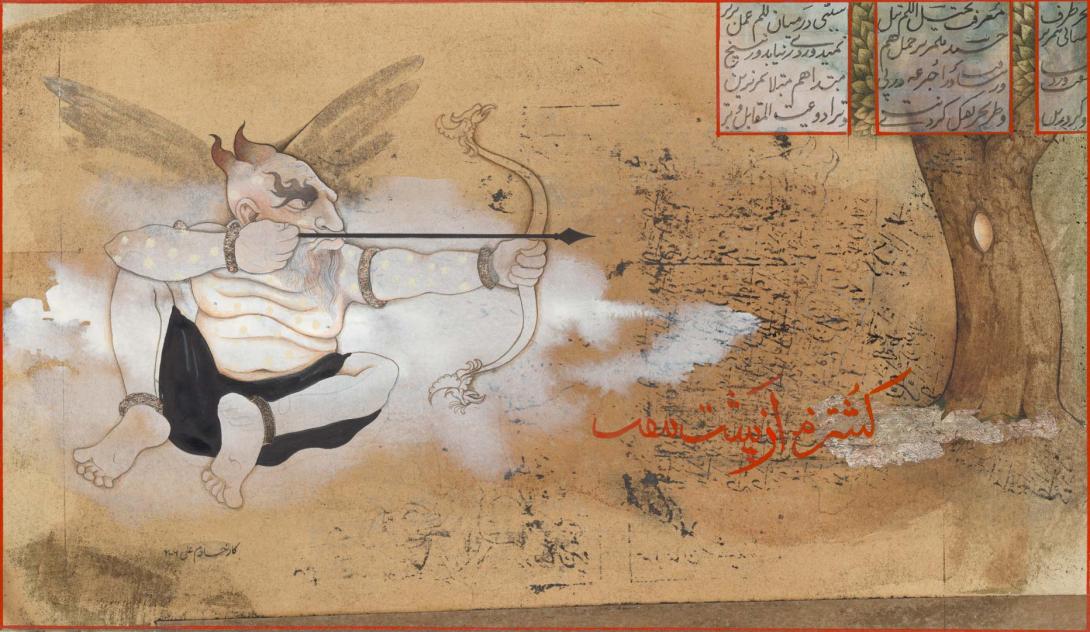 Artwork Untitled (from 'Rustam-e-pardar (Rustam with wings)' series) this artwork made of Watercolour and ink on wasli paper, created in 2006-01-01