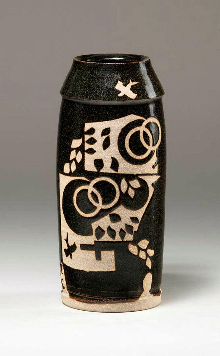 Artwork Vase this artwork made of Stoneware, wheelthrown with stencil pattern decoration and tenmoku glaze, created in 1977-01-01